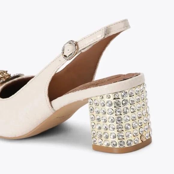 Cream Slingback Heels with Embellished Block Heel - Picture 3 of 10
